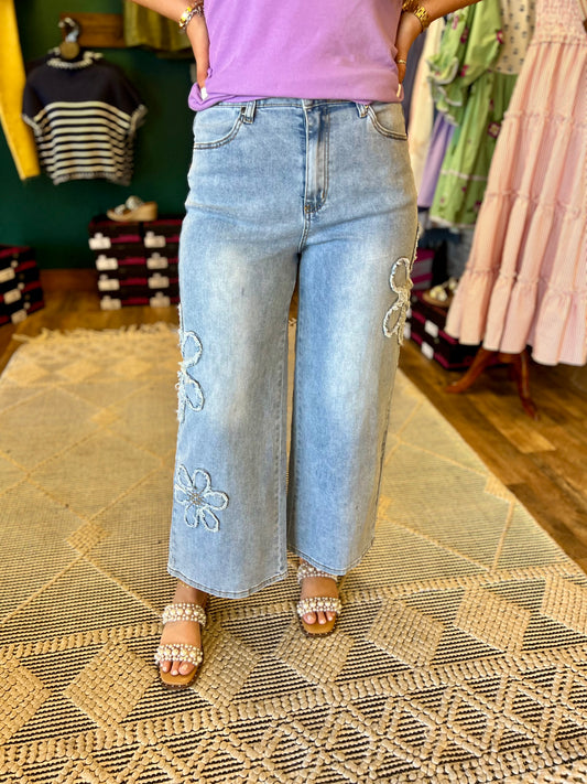 Denim Flower Embellished Jean