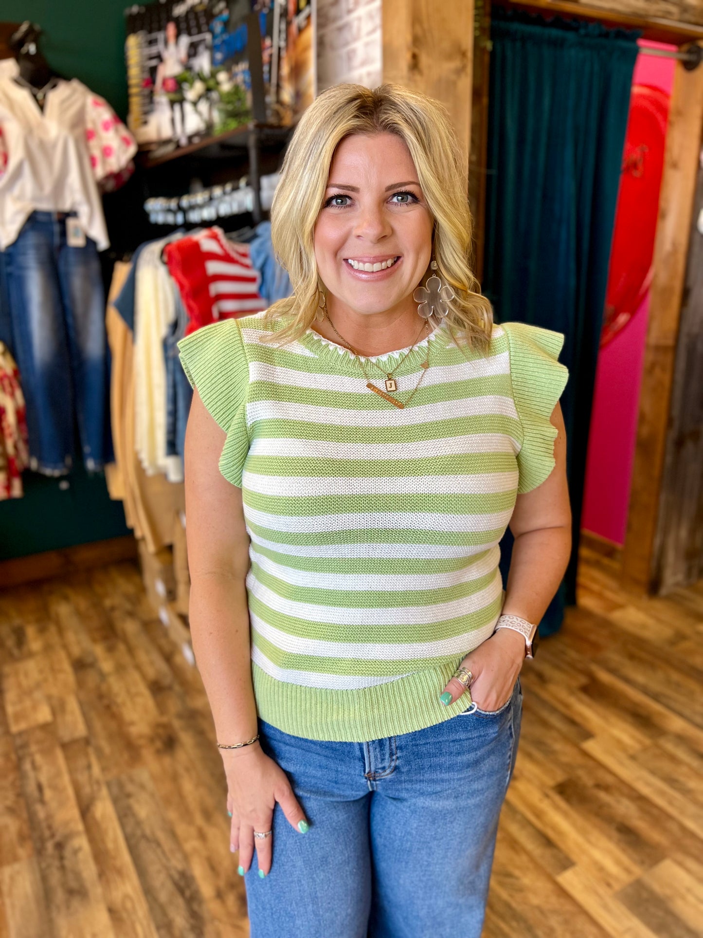 Blanket Stitch Striped Ruffle Sleeve Sweater