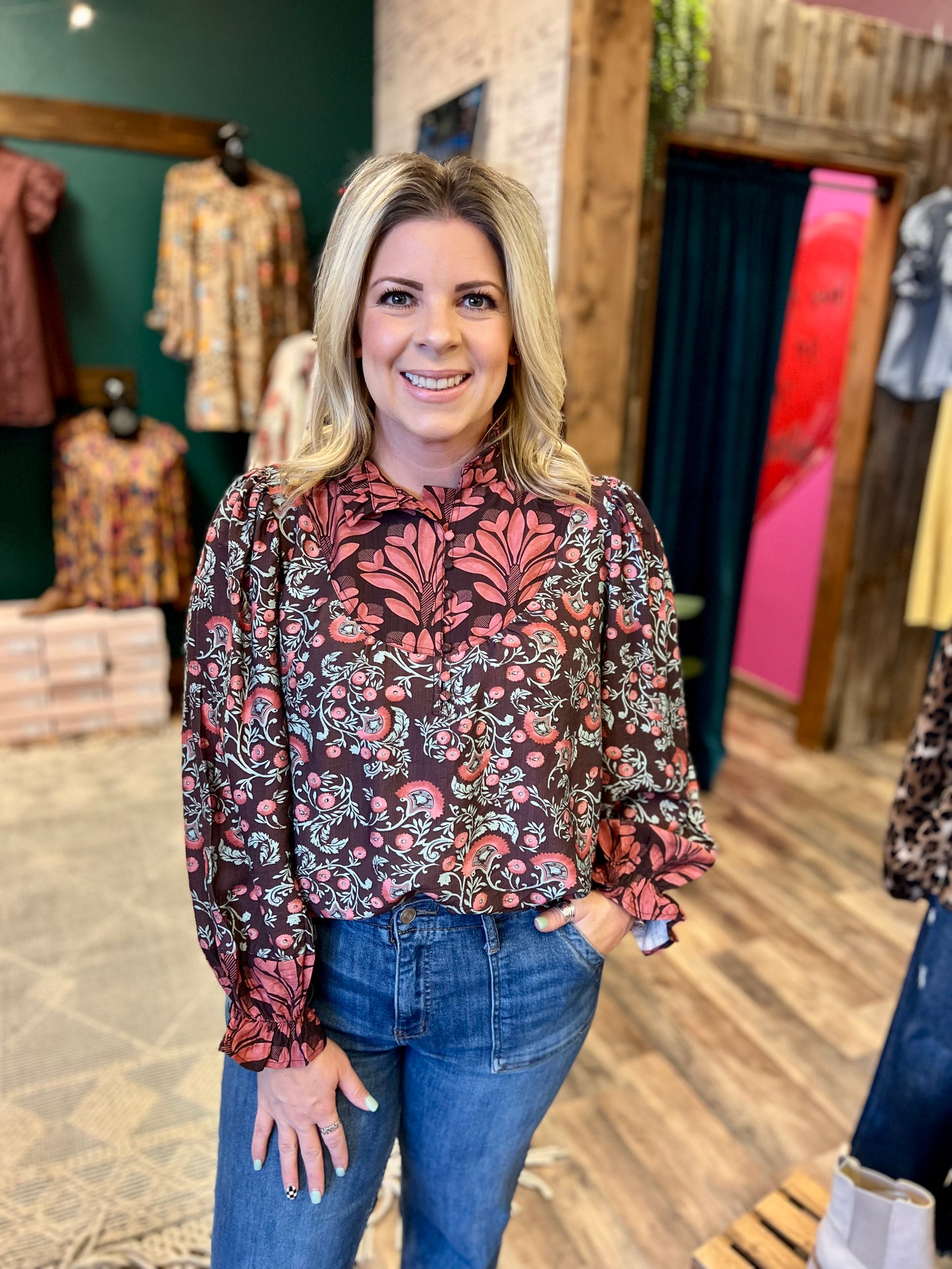 Two Tone Floral Button Up Top