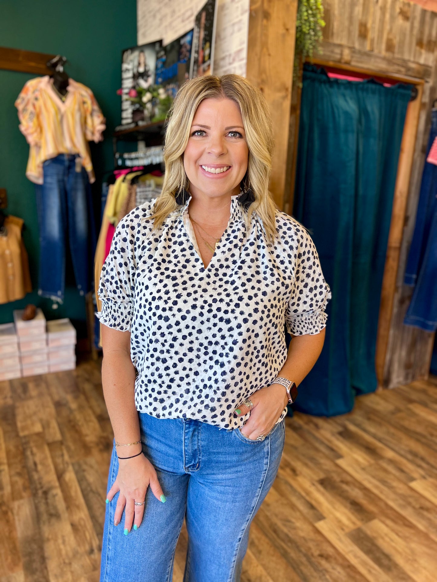 Dotted Smocked Sleeve Blouse