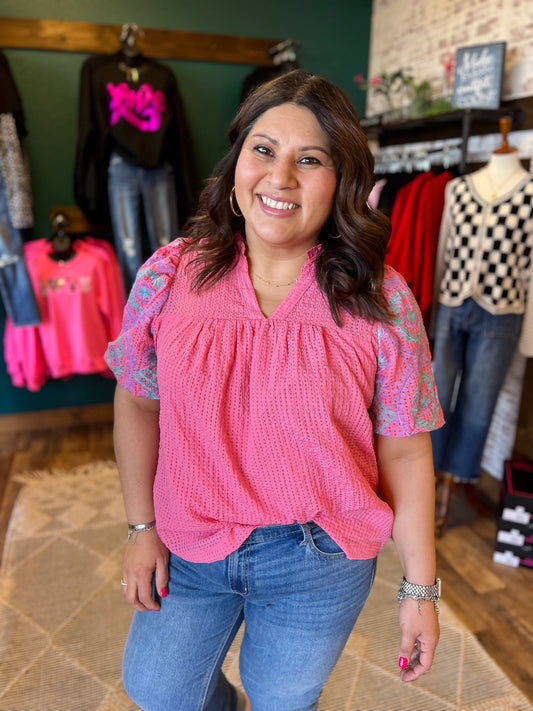 Checkered Embroidered Sleeve Top
