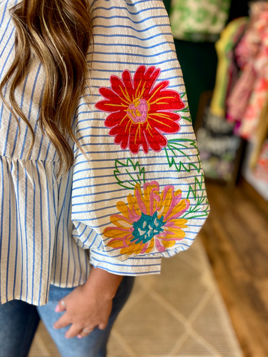 Embroidered Stripe Babydoll Top