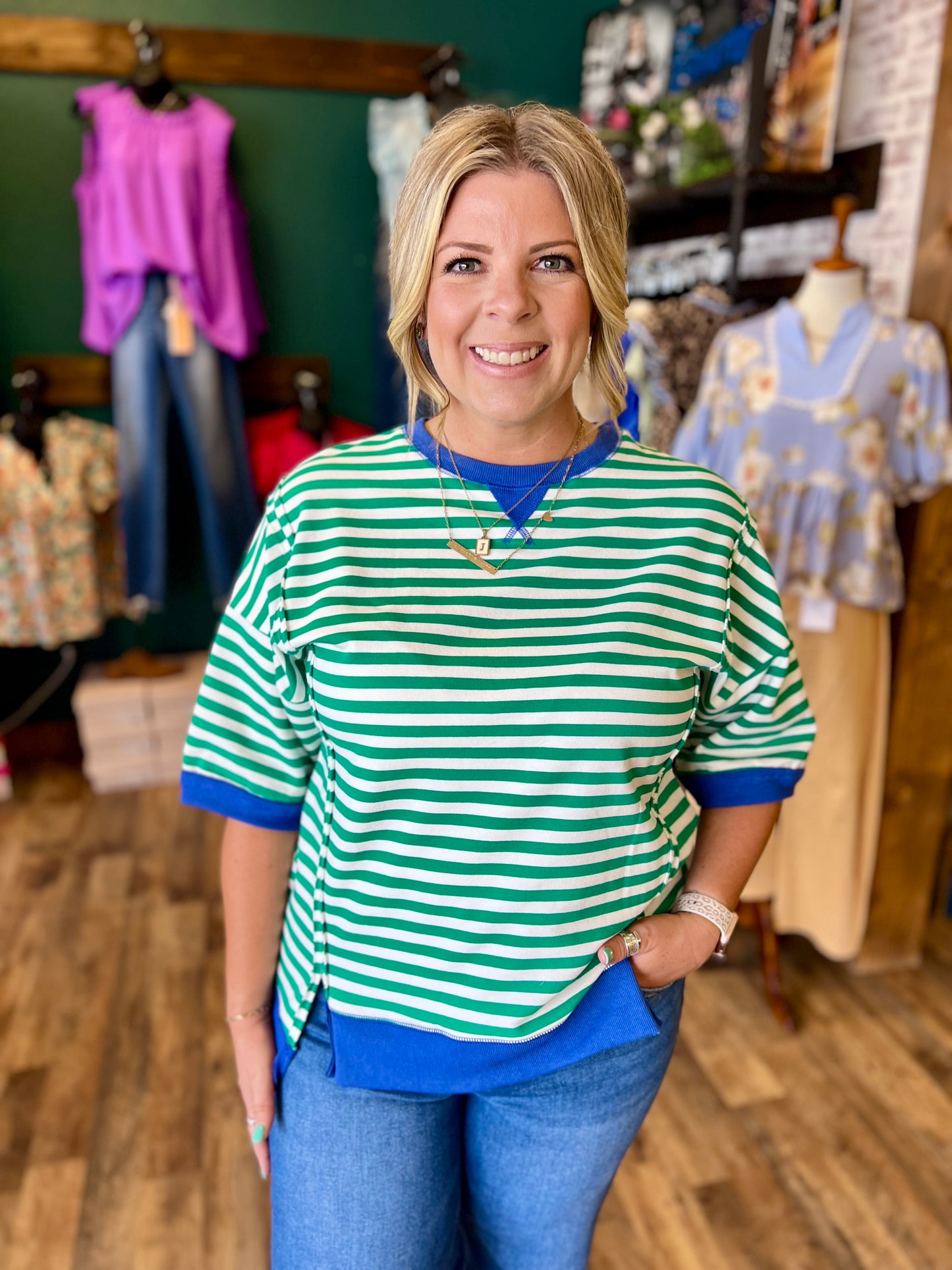 Green Stripe Contrast Top