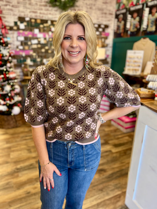 Olive Puff Sleeve Floral Sweater