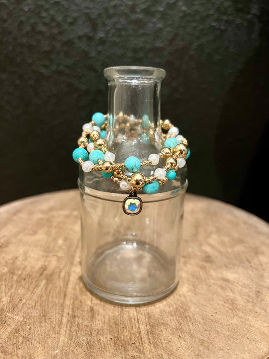 3 pc Turquoise, Gold & Pearl Bracelets