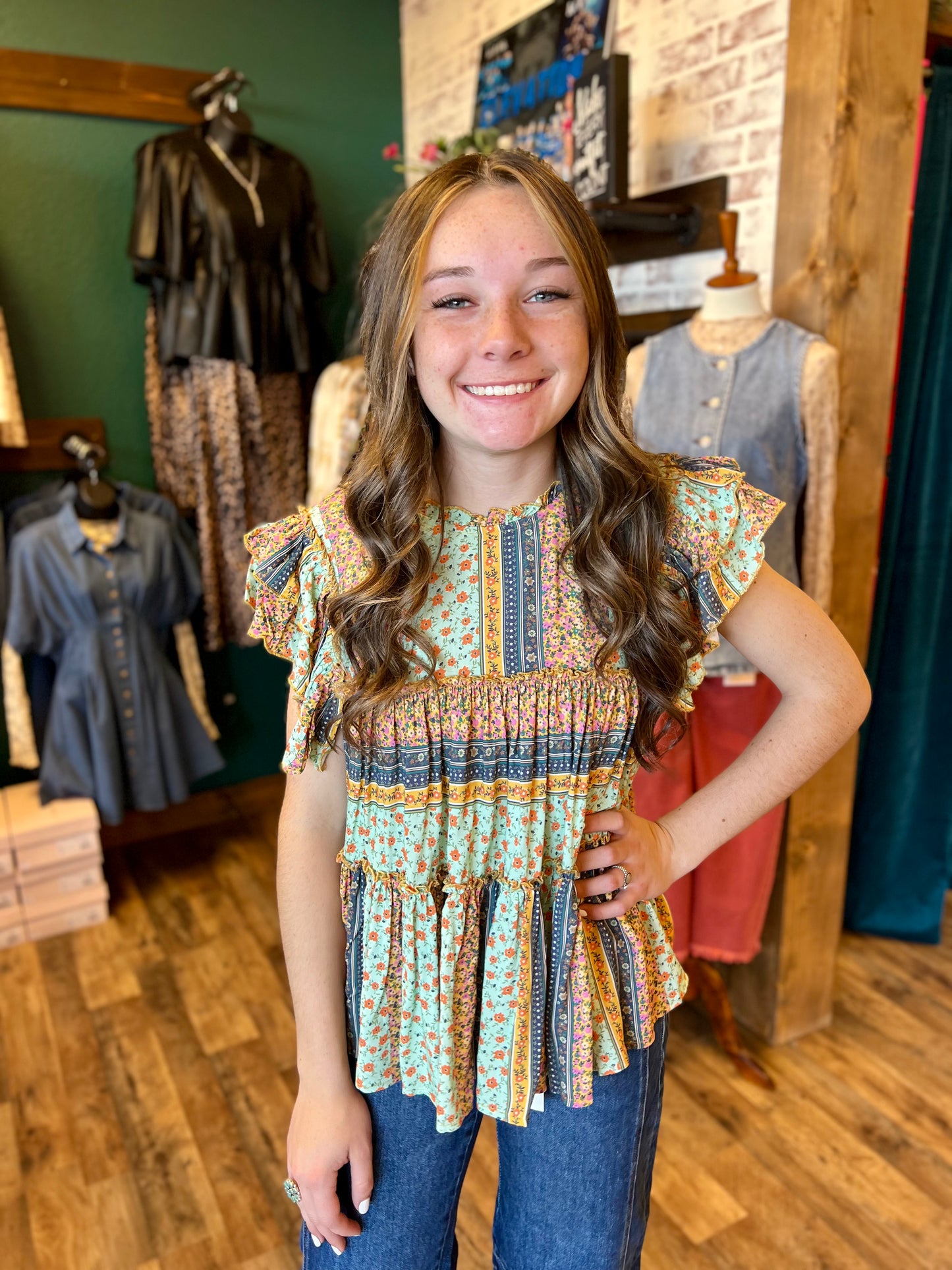 Floral Double Wing Sleeve Tiered Top