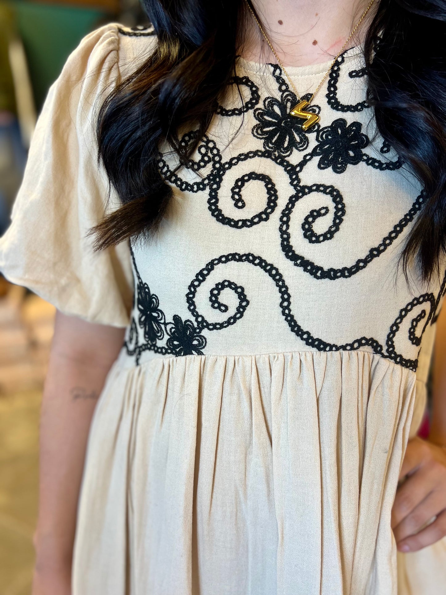 Black Scroll Taupe Dress