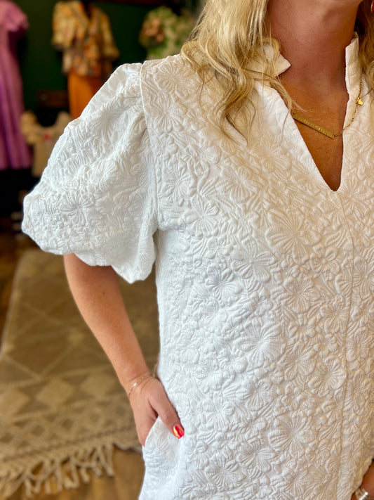 White Floral Textured Puff Sleeve Dress