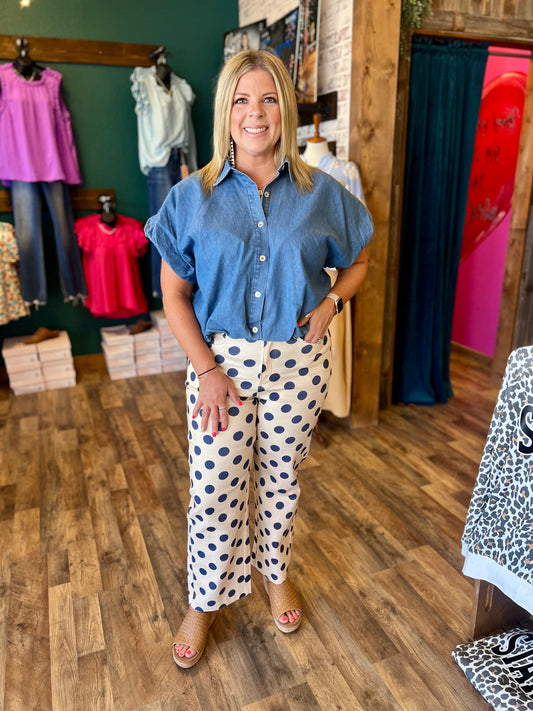 Linen & Navy Polka Dot Wide Straight Pant