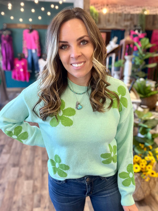 Mint Floral Sweater