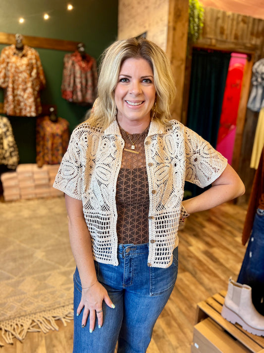 Short Sleeve Crochet Crop Cardigan