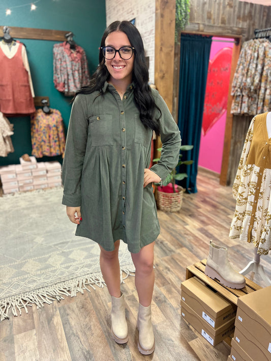 Pleated Corduroy Dress