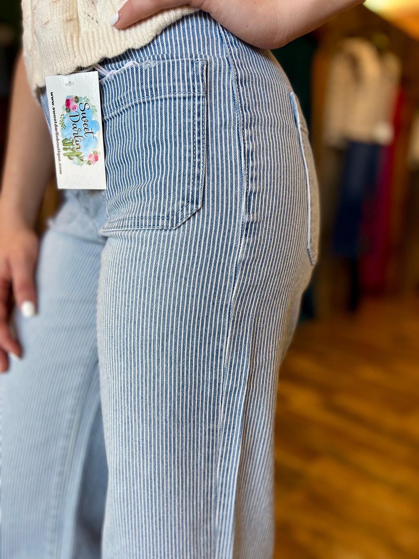 Vervet Denim Stripe Wide Hem Trouser