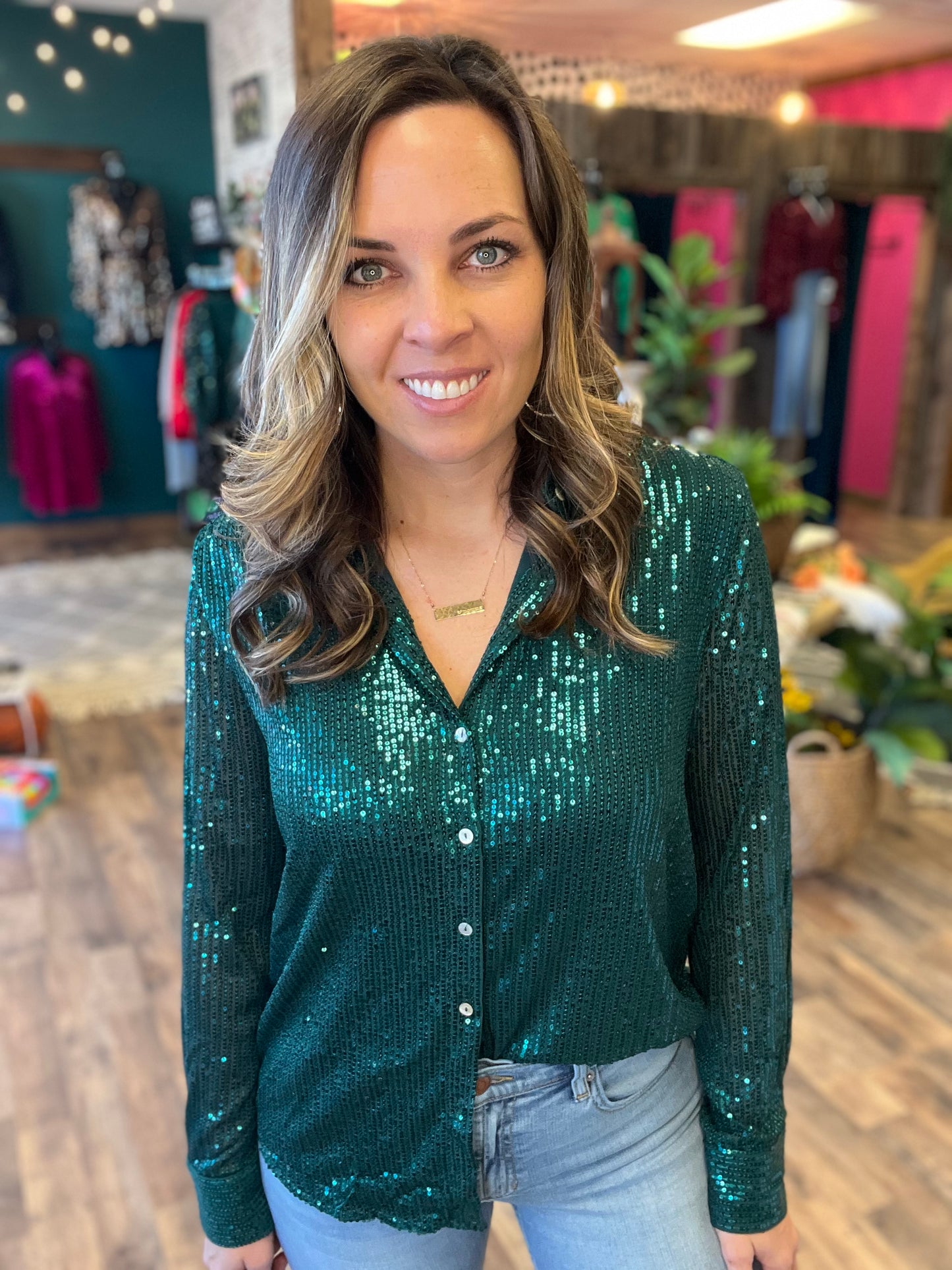 Emerald Sequin Button Up