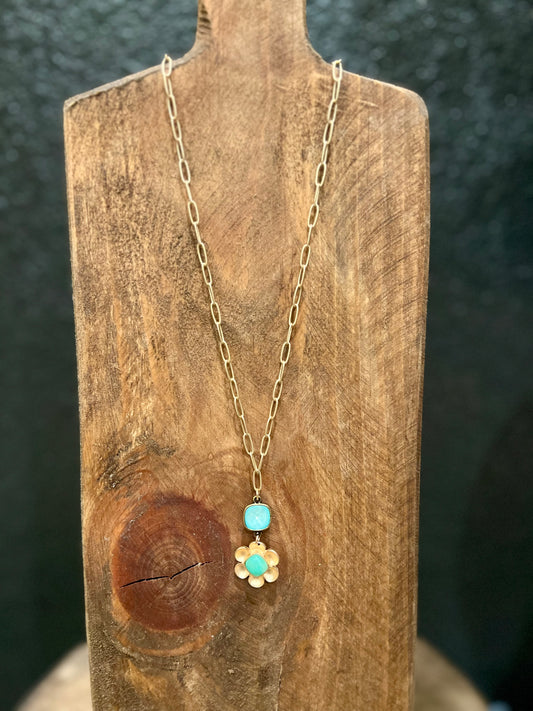 Aqua Flower Paperclip Necklace