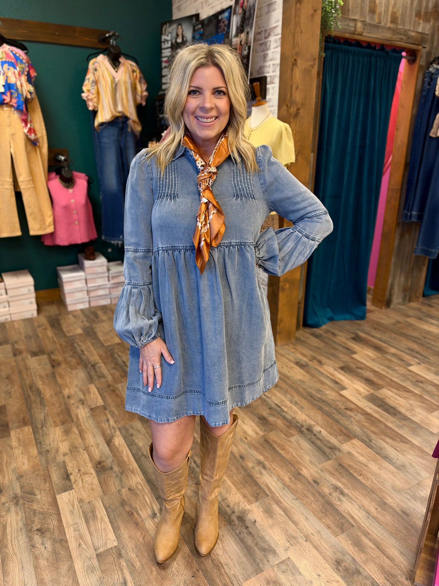Denim Pin Tuck Pleated Dress