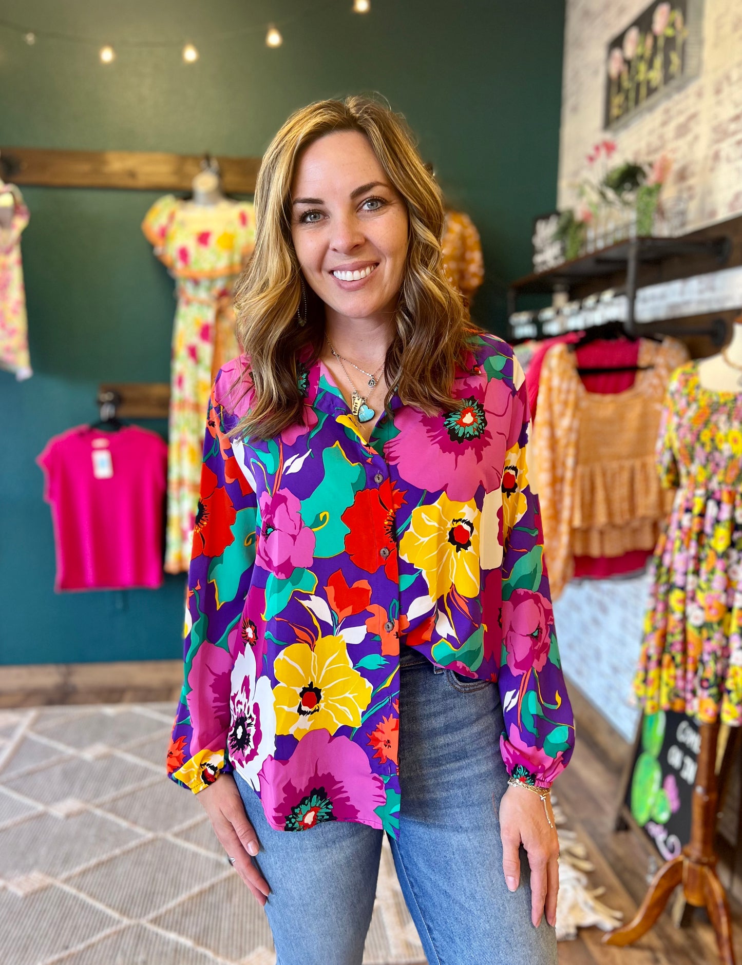 Button Up Bright Floral Top