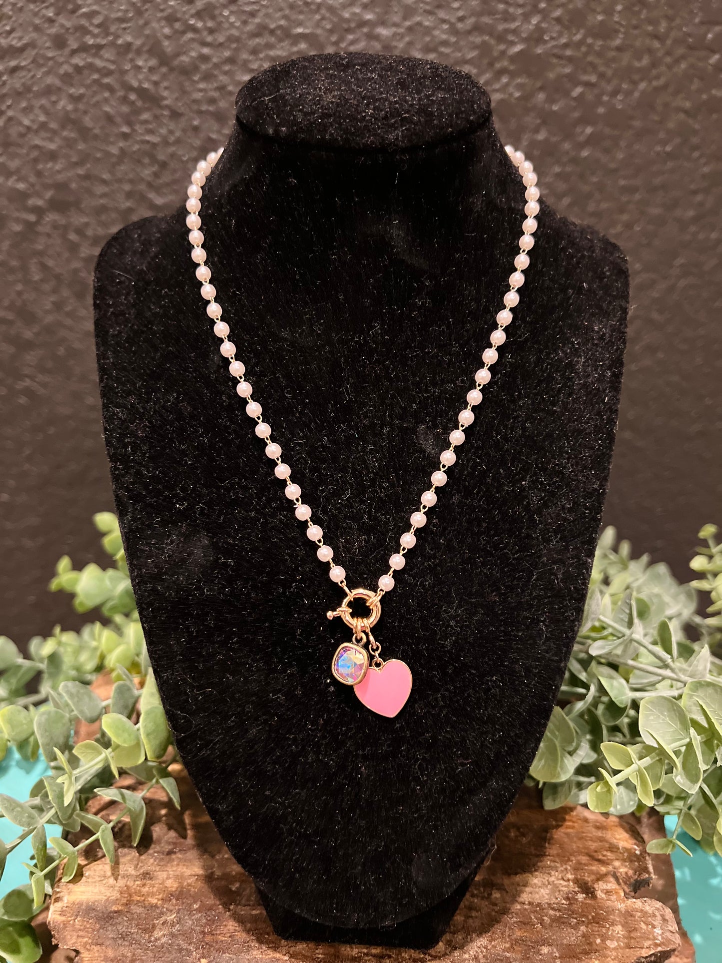 Pink Heart Pearl Charm Necklace