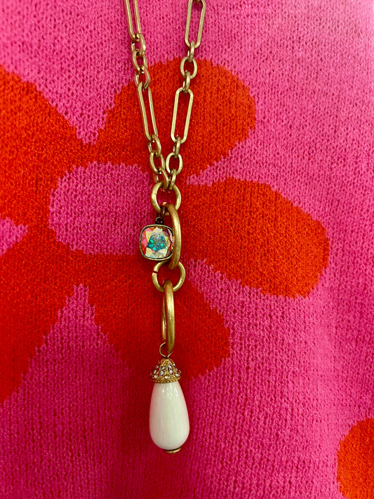 Long White Stone Drop Necklace